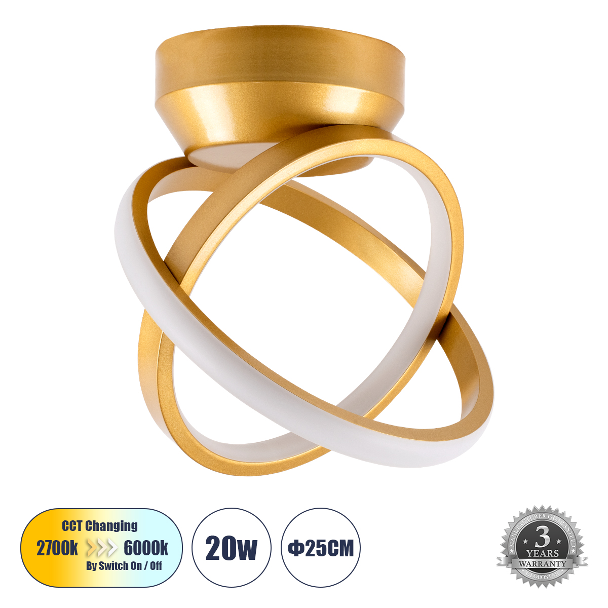 Μοντέρνο Φωτιστικό Οροφής LED 20W 2400lm 300° AC 220-240V IP20 Ρυθμιζόμενο Λευκό CCT με On/Off 2700K/4500K/6000K - Lumileds SMD Chip - Χρυσό Βούρτσας - Μ24.5 x Π16 x Υ25cm - 3 Χρόνια Εγγύηση