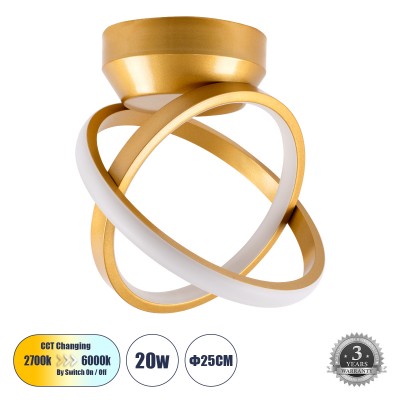 Μοντέρνο Φωτιστικό Οροφής LED 20W 2400lm 300° AC 220-240V IP20 Ρυθμιζόμενο Λευκό CCT με On/Off 2700K/4500K/6000K - Lumileds SMD Chip - Χρυσό Βούρτσας - Μ24.5 x Π16 x Υ25cm - 3 Χρόνια Εγγύηση