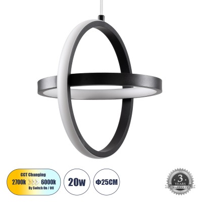 Μοντέρνο Κρεμαστό Φωτιστικό Οροφής LED 20W 2400lm 300° AC 220-240V IP20 Ρυθμιζόμενο Λευκό CCT με On/Off 2700K/4500K/6000K - Lumileds SMD Chip - Μαύρο Ματ - Μ25 x Π22 x Υ25cm - 3 Χρόνια Εγγύηση