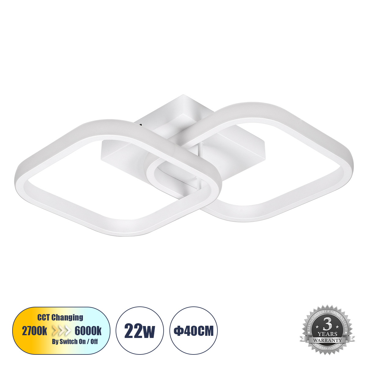 Μοντέρνο Φωτιστικό Οροφής LED 22W 2640lm 300° AC 220-240V IP20 Ρυθμιζόμενο Λευκό CCT με On/Off 2700K/4500K/6000K - Lumileds SMD Chip - Λευκό Ματ - Μ40 x Π24 x Υ7cm - 3 Χρόνια Εγγύηση