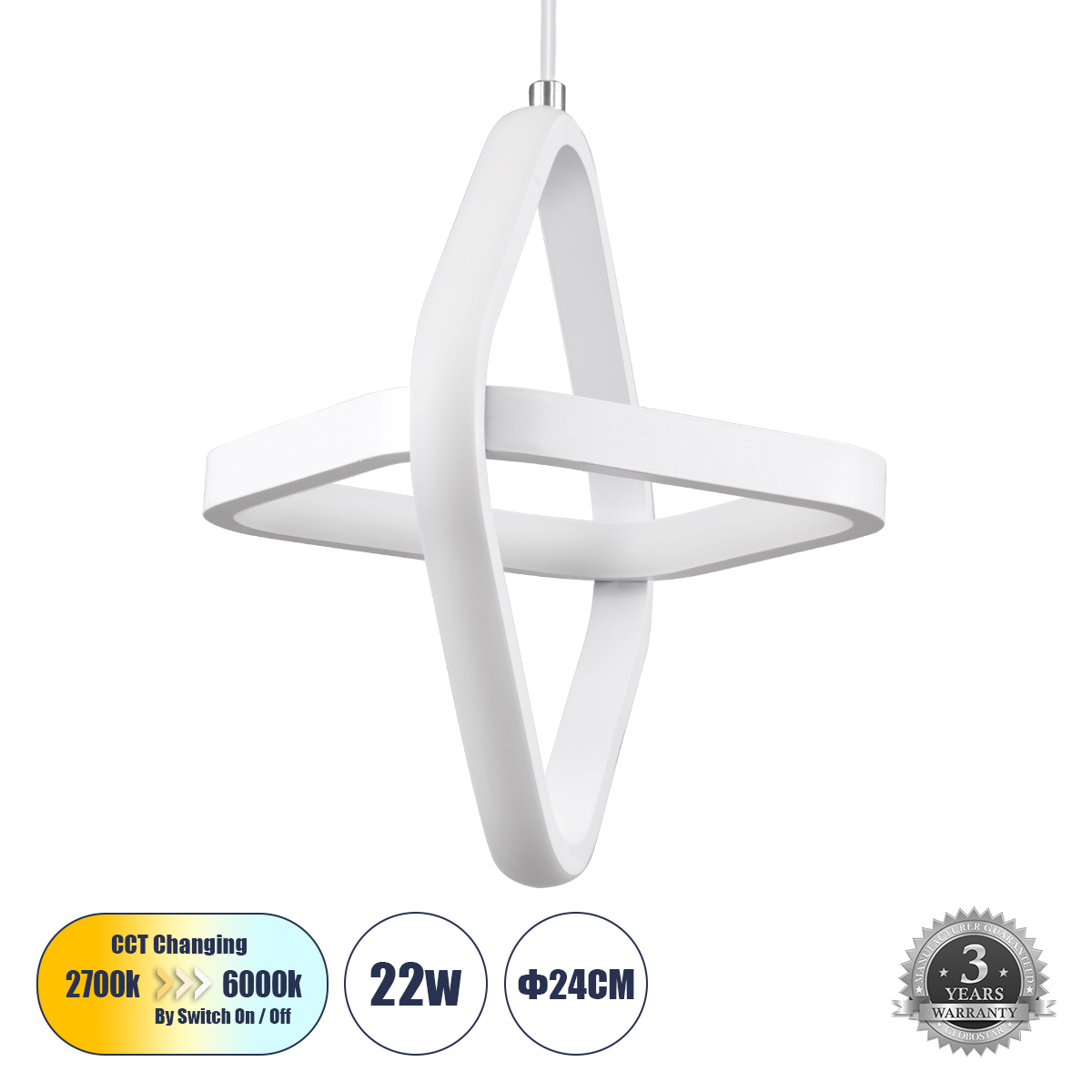 Μοντέρνο Κρεμαστό Φωτιστικό Οροφής LED 22W 2640lm 300° AC 220-240V IP20 Ρυθμιζόμενο Λευκό CCT με On/Off 2700K/4500K/6000K - Lumileds SMD Chip - Λευκό Ματ - Μ24 x Π22 x Υ24cm - 3 Χρόνια Εγγύηση