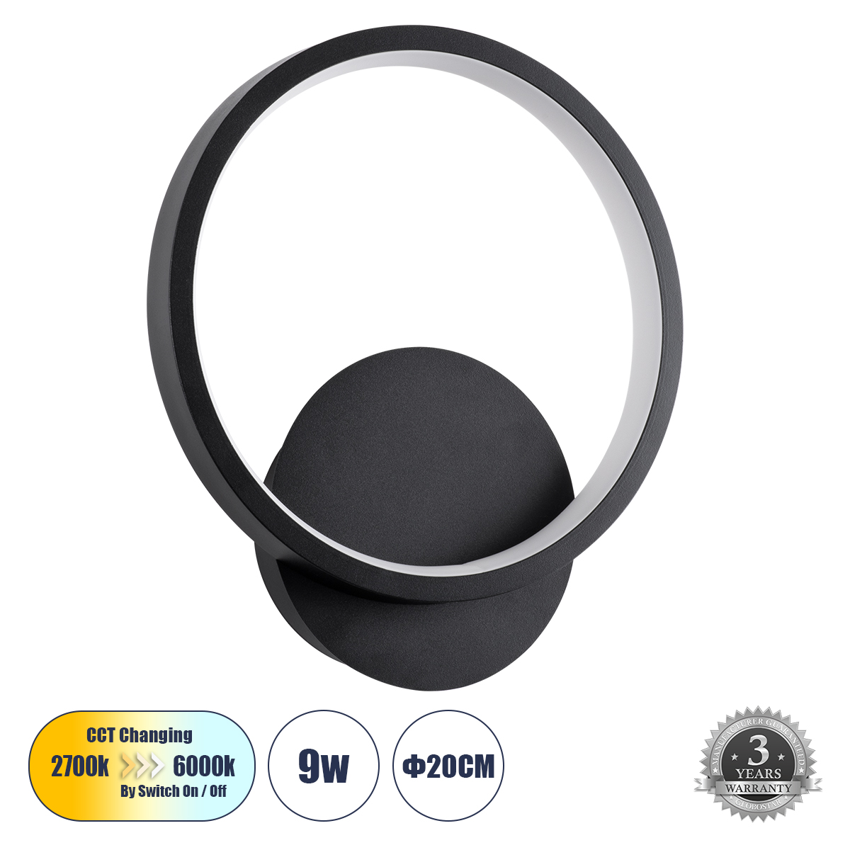 Μοντέρνο Φωτιστικό Τοίχου - Απλίκα LED 9W 1080lm 300° AC 220-240V IP20 Ρυθμιζόμενο Λευκό CCT με On/Off 2700K/4500K/6000K - Lumileds SMD Chip - Μαύρο Ματ - Μ20 x Π5.5 x Υ23cm - 3 Χρόνια Εγγύηση