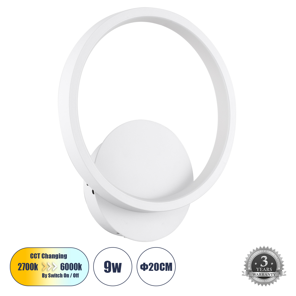 Μοντέρνο Φωτιστικό Τοίχου - Απλίκα LED 9W 1080lm 300° AC 220-240V IP20 Ρυθμιζόμενο Λευκό CCT με On/Off 2700K/4500K/6000K - Lumileds SMD Chip - Λευκό Ματ - Μ20 x Π5.5 x Υ23cm - 3 Χρόνια Εγγύηση