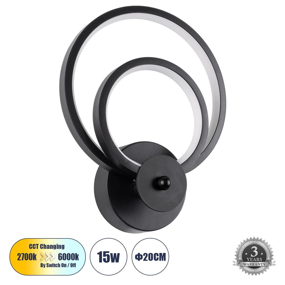 Μοντέρνο Φωτιστικό Τοίχου - Απλίκα LED 15W 1800lm 300° AC 220-240V IP20 Ρυθμιζόμενο Λευκό CCT με On/Off 2700K/4500K/6000K - Lumileds SMD Chip - Μαύρο Ματ - Μ20 x Π7.5 x Υ25cm - 3 Χρόνια Εγγύηση