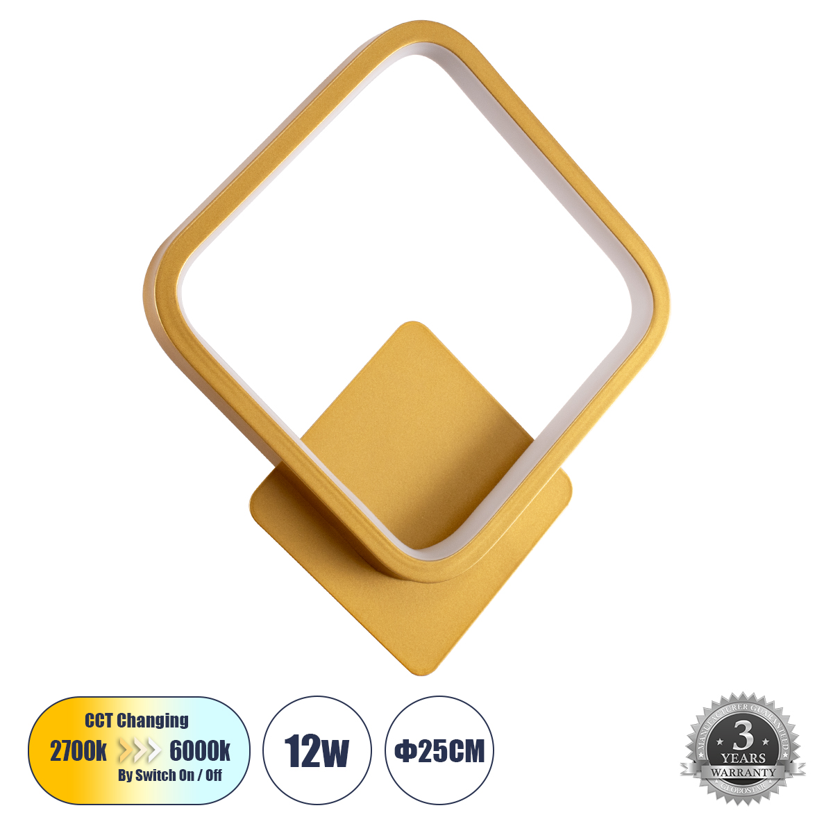 Μοντέρνο Φωτιστικό Τοίχου - Απλίκα LED 12W 1440lm 300° AC 220-240V IP20 Ρυθμιζόμενο Λευκό CCT με On/Off 2700K/4500K/6000K - Lumileds SMD Chip - Χρυσό Βούρτσας - Μ25 x Π5.5 x Υ29.5cm - 3 Χρόνια Εγγύηση