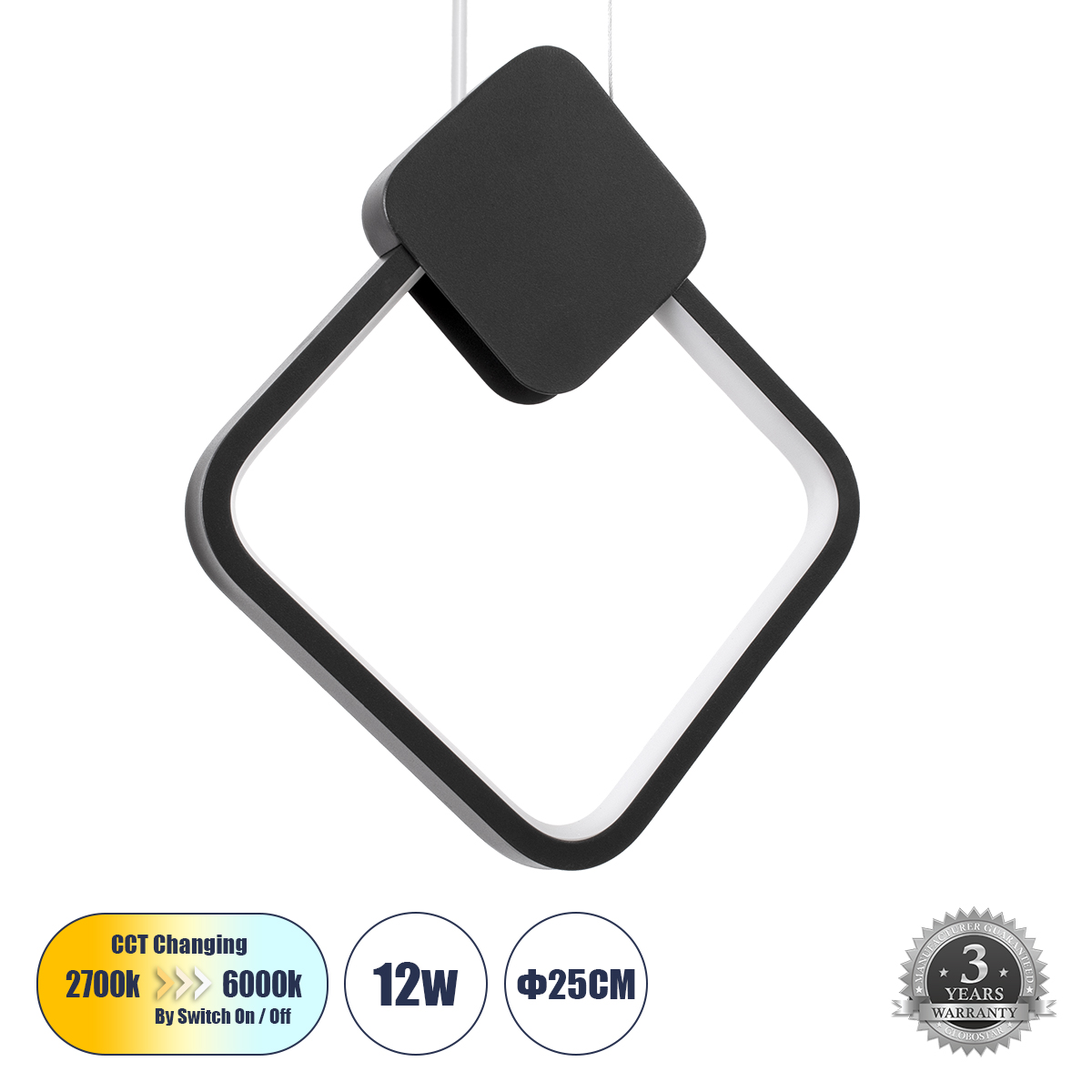 Μοντέρνο Κρεμαστό Φωτιστικό Οροφής LED 12W 1440lm 300° AC 220-240V IP20 Ρυθμιζόμενο Λευκό CCT με On/Off 2700K/4500K/6000K - Lumileds SMD Chip - Μαύρο - Μ20 x Π2.3 x Υ28.5cm - 3 Χρόνια Εγγύηση