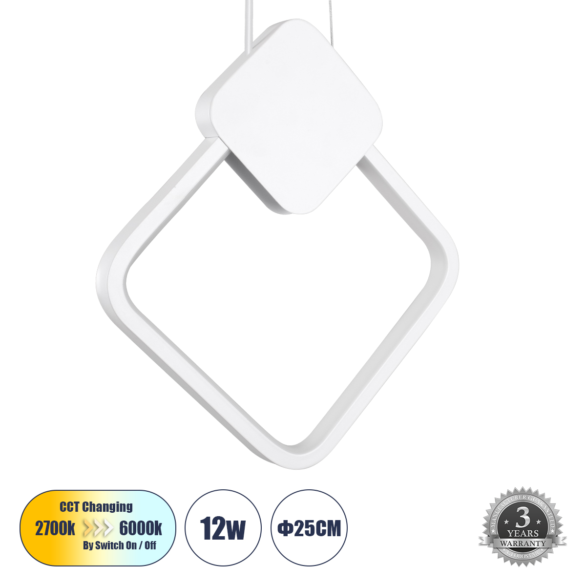Μοντέρνο Κρεμαστό Φωτιστικό Οροφής LED 12W 1440lm 300° AC 220-240V IP20 Ρυθμιζόμενο Λευκό CCT με On/Off 2700K/4500K/6000K - Lumileds SMD Chip - Λευκό - Μ20 x Π2.3 x Υ28.5cm - 3 Χρόνια Εγγύηση