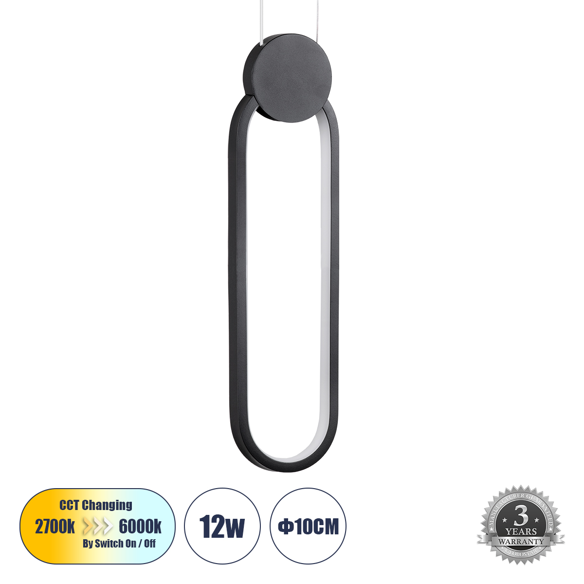 Μοντέρνο Κρεμαστό Φωτιστικό Οροφής LED 12W 1440lm 300° AC 220-240V IP20 Ρυθμιζόμενο Λευκό CCT με On/Off 2700K/4500K/6000K - Lumileds SMD Chip - Μαύρο Ματ- Μ10 x Π2.3 x Υ38cm - 3 Χρόνια Εγγύηση