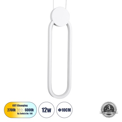 Μοντέρνο Κρεμαστό Φωτιστικό Οροφής LED 12W 1440lm 300° AC 220-240V IP20 Ρυθμιζόμενο Λευκό CCT με On/Off 2700K/4500K/6000K - Lumileds SMD Chip - Λευκό Ματ - Μ10 x Π2.3 x Υ38cm - 3 Χρόνια Εγγύηση