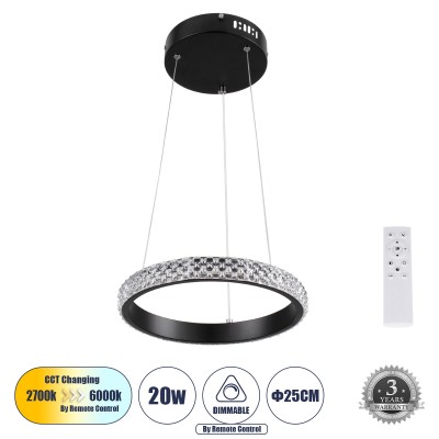 Μοντέρνο Κρεμαστό Φωτιστικό Οροφής LED 20W 2356lm 360° AC 220-240V IP20 Ρυθμιζόμενο Λευκό CCT με Χειριστήριο από 2700K έως 6000K Dimmable - Lumileds SMD Chip - Μαύρο Ματ - Μ25 x Π25 x Υ3cm - 3 Χρόνια Εγγύηση