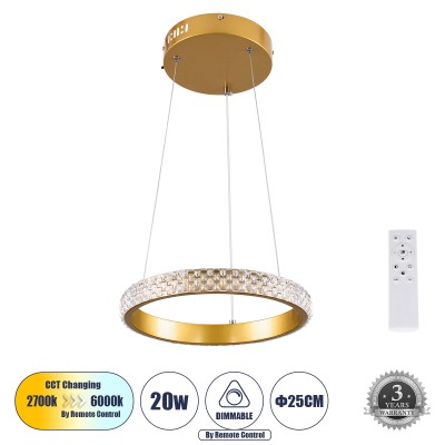 Μοντέρνο Κρεμαστό Φωτιστικό Οροφής LED 20W 2356lm 360° AC 220-240V IP20 Ρυθμιζόμενο Λευκό CCT με Χειριστήριο από 2700K έως 6000K Dimmable - Lumileds SMD Chip - Χρυσό Βούρτσας - Μ25 x Π25 x Υ3cm - 3 Χρόνια Εγγύηση