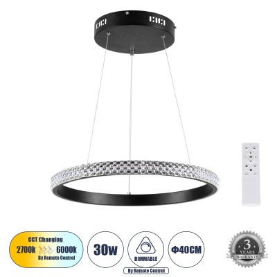Μοντέρνο Κρεμαστό Φωτιστικό Οροφής LED 30W 3513lm 360° AC 220-240V IP20 Ρυθμιζόμενο Λευκό CCT με Χειριστήριο από 2700K έως 6000K Dimmable - Lumileds SMD Chip - Μαύρο Ματ - Μ40 x Π40 x Υ3cm - 3 Χρόνια Εγγύηση