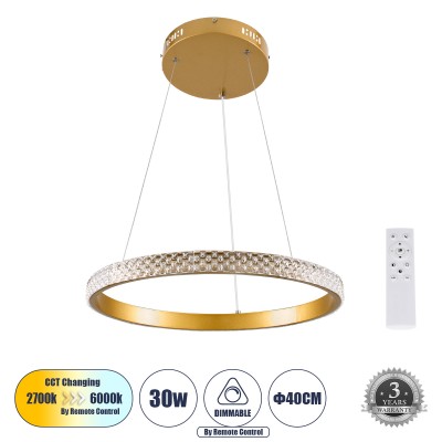 Μοντέρνο Κρεμαστό Φωτιστικό Οροφής LED 30W 3513lm 360° AC 220-240V IP20 Ρυθμιζόμενο Λευκό CCT με Χειριστήριο από 2700K έως 6000K Dimmable - Lumileds SMD Chip - Χρυσό Βούρτσας - Μ40 x Π40 x Υ3cm - 3 Χρόνια Εγγύηση
