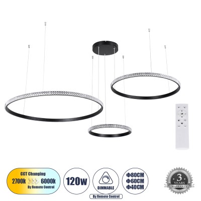 Μοντέρνο Κρεμαστό Φωτιστικό Οροφής LED 120W 14723lm 360° AC 220-240V IP20 Ρυθμιζόμενο Λευκό CCT με Χειριστήριο από 2700K έως 6000K Dimmable - Lumileds SMD Chip - Μαυρό Ματ - Μ150 x Π150 x Υ60cm - 3 Χρόνια Εγγύηση