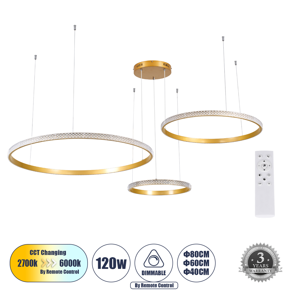 Μοντέρνο Κρεμαστό Φωτιστικό Οροφής LED 120W 14723lm 360° AC 220-240V IP20 Ρυθμιζόμενο Λευκό CCT με Χειριστήριο από 2700K έως 6000K Dimmable - Lumileds SMD Chip - Χρυσό Βούρτσας - Μ150 x Π150 x Υ60cm - 3 Χρόνια Εγγύηση