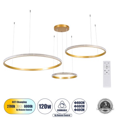 Μοντέρνο Κρεμαστό Φωτιστικό Οροφής LED 120W 14723lm 360° AC 220-240V IP20 Ρυθμιζόμενο Λευκό CCT με Χειριστήριο από 2700K έως 6000K Dimmable - Lumileds SMD Chip - Χρυσό Βούρτσας - Μ150 x Π150 x Υ60cm - 3 Χρόνια Εγγύηση