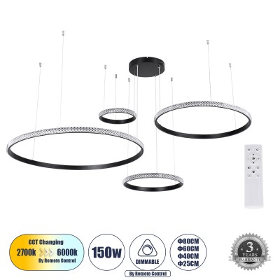 Μοντέρνο Κρεμαστό Φωτιστικό Οροφής LED 150W 18379lm 360° AC 220-240V IP20 Ρυθμιζόμενο Λευκό CCT με Χειριστήριο από 2700K έως 6000K Dimmable - Lumileds SMD Chip - Μαύρο Ματ - Μ150 x Π150 x Υ120cm - 3 Χρόνια Εγγύηση