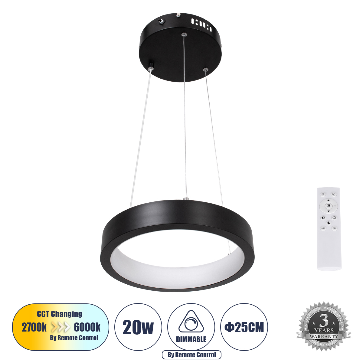 Μοντέρνο Κρεμαστό Φωτιστικό Οροφής LED 20W 2356lm 360° AC 220-240V IP20 Ρυθμιζόμενο Λευκό CCT με Χειριστήριο από 2700K έως 6000K Dimmable - Lumileds SMD Chip - Μαυρό Ματ - Μ25 x Π25 x Υ4cm - 3 Χρόνια Εγγύηση