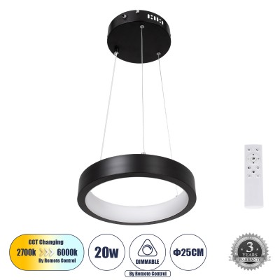 Μοντέρνο Κρεμαστό Φωτιστικό Οροφής LED 20W 2356lm 360° AC 220-240V IP20 Ρυθμιζόμενο Λευκό CCT με Χειριστήριο από 2700K έως 6000K Dimmable - Lumileds SMD Chip - Μαυρό Ματ - Μ25 x Π25 x Υ4cm - 3 Χρόνια Εγγύηση