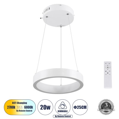 Μοντέρνο Κρεμαστό Φωτιστικό Οροφής LED 20W 2356lm 360° AC 220-240V IP20 Ρυθμιζόμενο Λευκό CCT με Χειριστήριο από 2700K έως 6000K Dimmable - Lumileds SMD Chip - Λευκό Ματ - Μ25 x Π25 x Υ4cm - 3 Χρόνια Εγγύηση