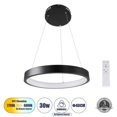 Μοντέρνο Κρεμαστό Φωτιστικό Οροφής LED 30W 3513lm 360° AC 220-240V IP20 Ρυθμιζόμενο Λευκό CCT με Χειριστήριο από 2700K έως 6000K Dimmable - Lumileds SMD Chip - Μαυρό Ματ - Μ40 x Π40 x Υ4cm - 3 Χρόνια Εγγύηση
