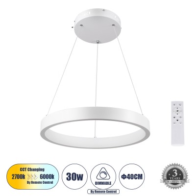Μοντέρνο Κρεμαστό Φωτιστικό Οροφής LED 30W 3513lm 360° AC 220-240V IP20 Ρυθμιζόμενο Λευκό CCT με Χειριστήριο από 2700K έως 6000K Dimmable - Lumileds SMD Chip - Λευκό Ματ - Μ40 x Π40 x Υ4cm - 3 Χρόνια Εγγύηση