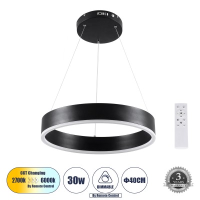 Μοντέρνο Κρεμαστό Φωτιστικό Οροφής LED 30W 3513lm 120° AC 220-240V IP20 Ρυθμιζόμενο Λευκό CCT με Χειριστήριο από 2700K έως 6000K Dimmable - Lumileds SMD Chip - Μαύρο Ματ - Μ40 x Π40 x Υ6.5cm - 3 Χρόνια Εγγύηση