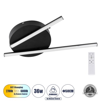 Μοντέρνο Φωτιστικό Οροφής LED 36W 4428lm 120° AC 220-240V IP20 Ρυθμιζόμενο Λευκό CCT με Χειριστήριο από 2700K έως 6000K Dimmable - Lumileds SMD Chip - Μαύρο Ματ - Μ50 x Π50 x Υ6cm - 3 Χρόνια Εγγύηση