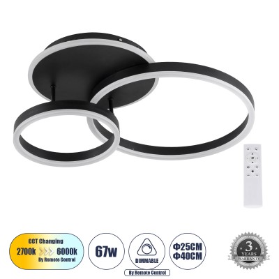 Μοντέρνο Φωτιστικό Οροφής LED 67W 8107lm 360° AC 220-240V IP20 Ρυθμιζόμενο Λευκό CCT με Χειριστήριο από 2700K έως 6000K Dimmable - Lumileds SMD Chip - Μαύρο Ματ - Μ60 x Π40 x Υ12.5cm - 3 Χρόνια Εγγύηση