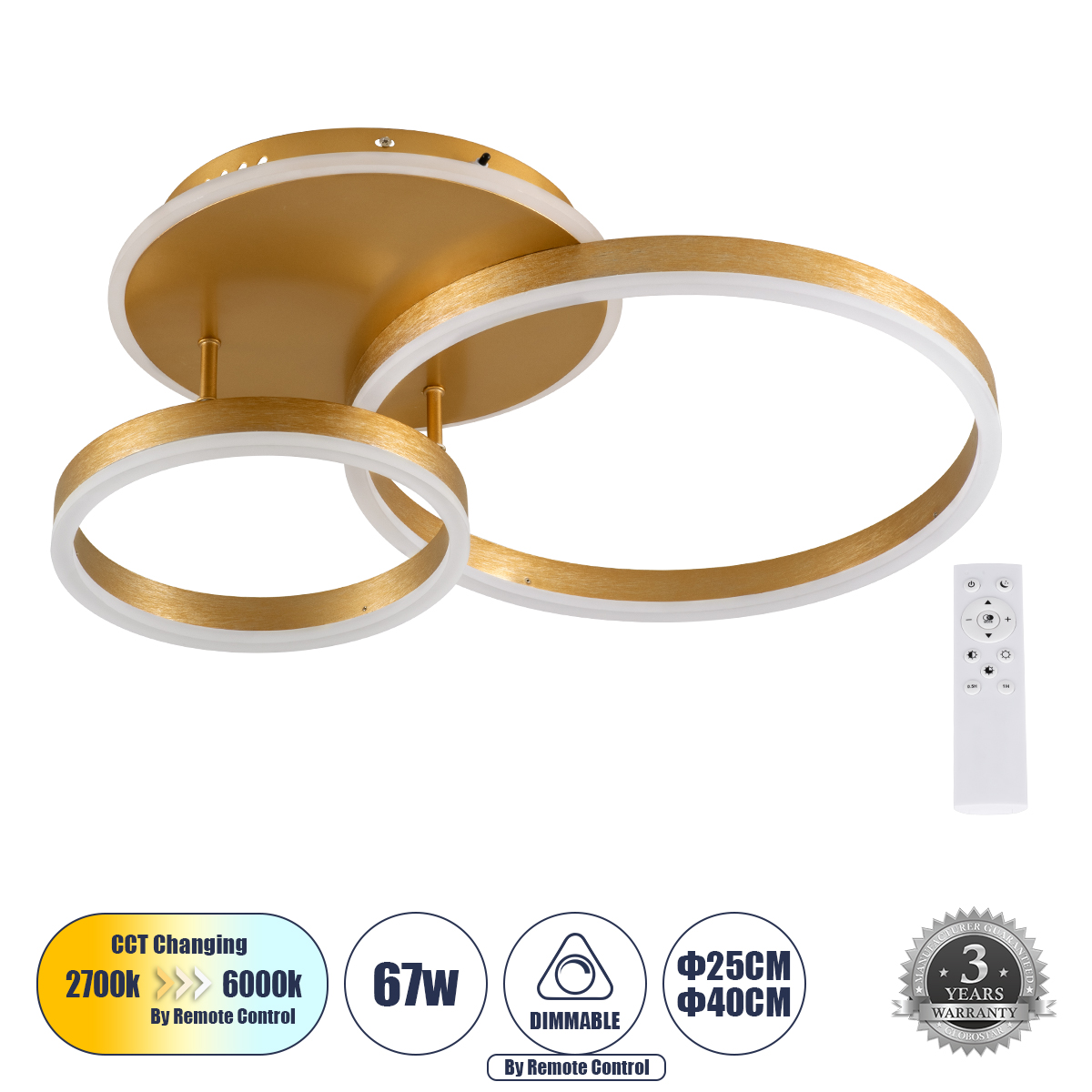 Μοντέρνο Φωτιστικό Οροφής LED 67W 8040lm 360° AC 220-240V IP20 Ρυθμιζόμενο Λευκό CCT με Χειριστήριο από 2700K έως 6000K Dimmable - Lumileds SMD Chip - Σατινέ Χρυσό Βούρτσας - Μ60 x Π40 x Υ12.5cm - 3 Χρόνια Εγγύηση