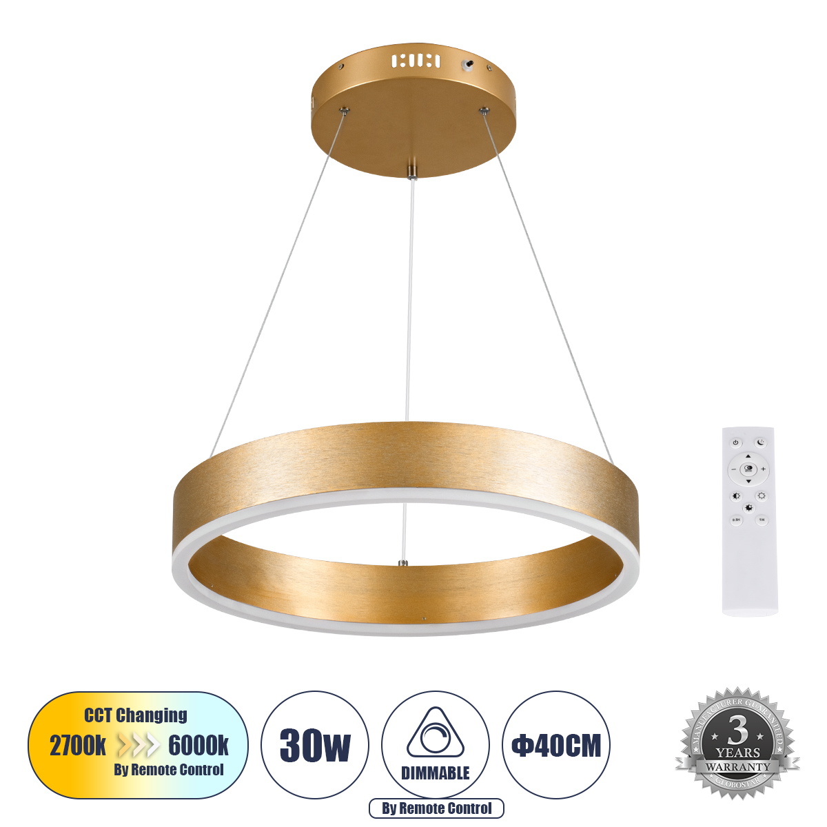 Μοντέρνο Κρεμαστό Φωτιστικό Οροφής LED 30W 3513lm 120° AC 220-240V IP20 Ρυθμιζόμενο Λευκό CCT με Χειριστήριο από 2700K έως 6000K Dimmable - Lumileds SMD Chip - Χρυσό Βούρτσας - Μ40 x Π40 x Υ6.5cm - 3 Χρόνια Εγγύηση