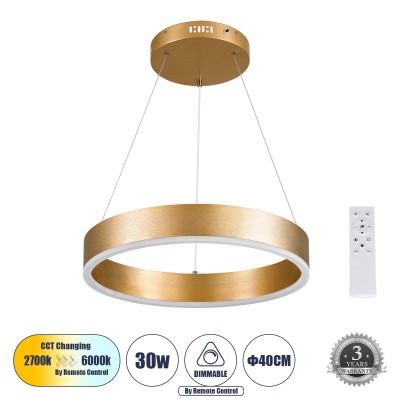Μοντέρνο Κρεμαστό Φωτιστικό Οροφής LED 30W 3513lm 120° AC 220-240V IP20 Ρυθμιζόμενο Λευκό CCT με Χειριστήριο από 2700K έως 6000K Dimmable - Lumileds SMD Chip - Χρυσό Βούρτσας - Μ40 x Π40 x Υ6.5cm - 3 Χρόνια Εγγύηση