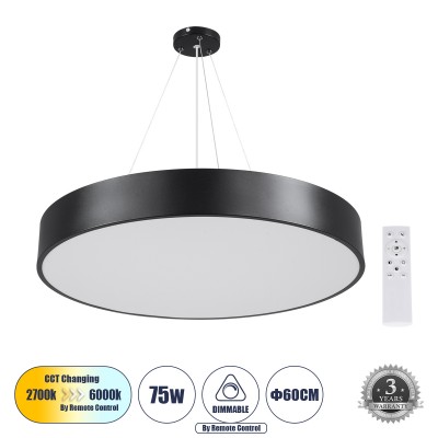 Μοντέρνο Κρεμαστό Φωτιστικό Οροφής LED 75W 8625lm 120° AC 220-240V IP20 Ρυθμιζόμενο Λευκό CCT με Χειριστήριο από 2700K έως 6000K Dimmable - Lumileds SMD Chip - Μαύρο Ματ - Μ60 x Π60 x Υ8cm - 3 Χρόνια Εγγύηση