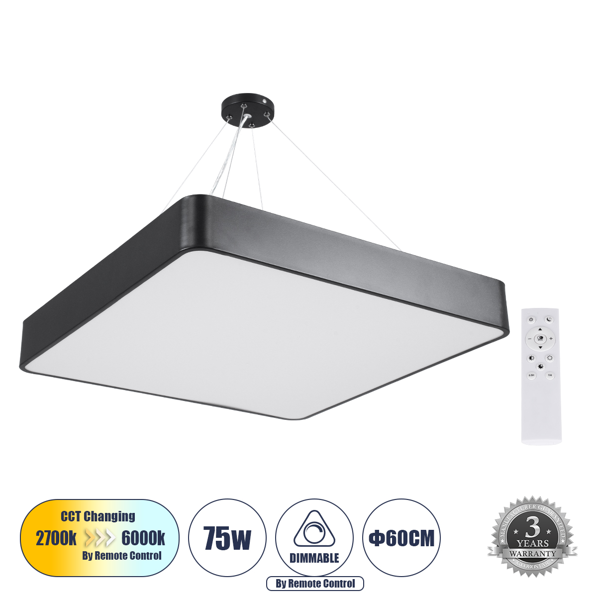 Μοντέρνο Κρεμαστό Φωτιστικό Οροφής LED 75W 8625lm 120° AC 220-240V IP20 Ρυθμιζόμενο Λευκό CCT με Χειριστήριο από 2700K έως 6000K Dimmable - Lumileds SMD Chip - Μαύρο Ματ - Μ60 x Π60 x Υ8cm - 3 Χρόνια Εγγύηση