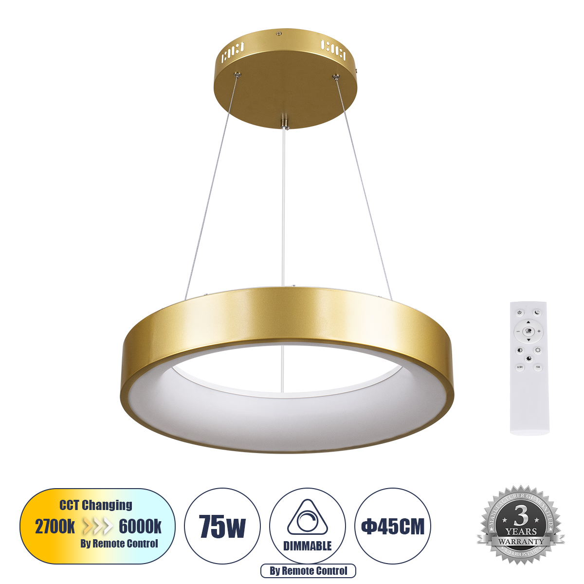 Μοντέρνο Κρεμαστό Φωτιστικό Οροφής LED 75W 8625lm 120° AC 220-240V IP20 Ρυθμιζόμενο Λευκό CCT με Χειριστήριο από 2700K έως 6000K Dimmable - Lumileds SMD Chip - Χρυσό - Μ45 x Π45 x Υ6cm - 3 Χρόνια Εγγύηση