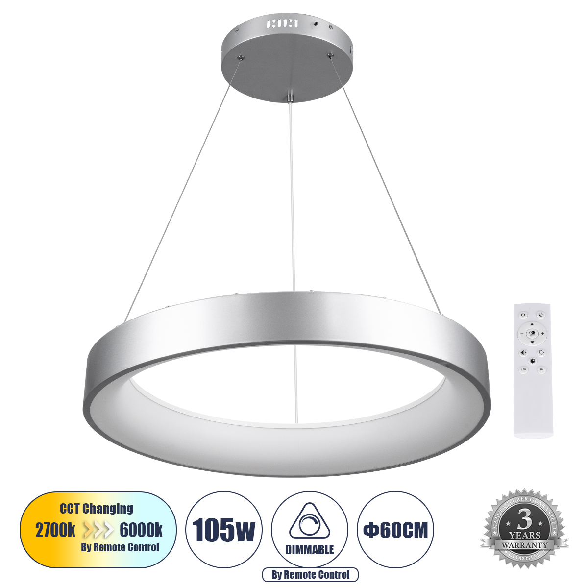 Μοντέρνο Κρεμαστό Φωτιστικό Οροφής LED 105W 12075lm 120° AC 220-240V IP20 Ρυθμιζόμενο Λευκό CCT με Χειριστήριο από 2700K έως 6000K Dimmable - Lumileds SMD Chip - Γκρι - Μ60 x Π60 x Υ6cm - 3 Χρόνια Εγγύηση