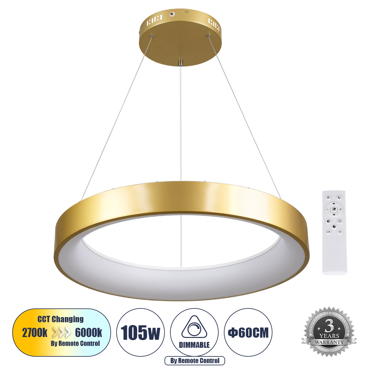 Μοντέρνο Κρεμαστό Φωτιστικό Οροφής LED 105W 12075lm 120° AC 220-240V IP20 Ρυθμιζόμενο Λευκό CCT με Χειριστήριο από 2700K έως 6000K Dimmable - Lumileds SMD Chip - Χρυσό - Μ60 x Π60 x Υ6cm - 3 Χρόνια Εγγύηση