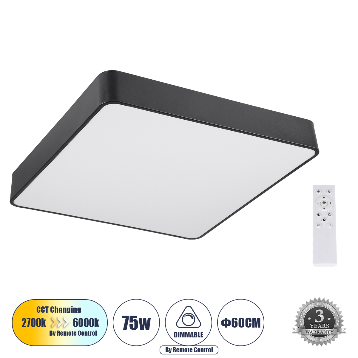 Μοντέρνο Φωτιστικό Οροφής LED 75W 8625lm 120° AC 220-240V IP20 Ρυθμιζόμενο Λευκό CCT με Χειριστήριο από 2700K έως 6000K Dimmable - Lumileds SMD Chip - Μαύρο Ματ - Μ60 x Π60 x Υ8cm - 3 Χρόνια Εγγύηση