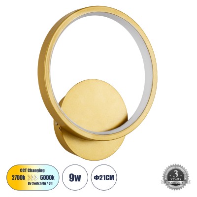 Μοντέρνο Φωτιστικό Τοίχου - Απλίκα LED 9W 1080lm 300° AC 220-240V IP20 Ρυθμιζόμενο Λευκό CCT με On/Off 2700K/4500K/6000K - Lumileds SMD Chip - Χρυσό Βούρτσας - Μ20 x Π5.5 x Υ23cm - 3 Χρόνια Εγγύηση