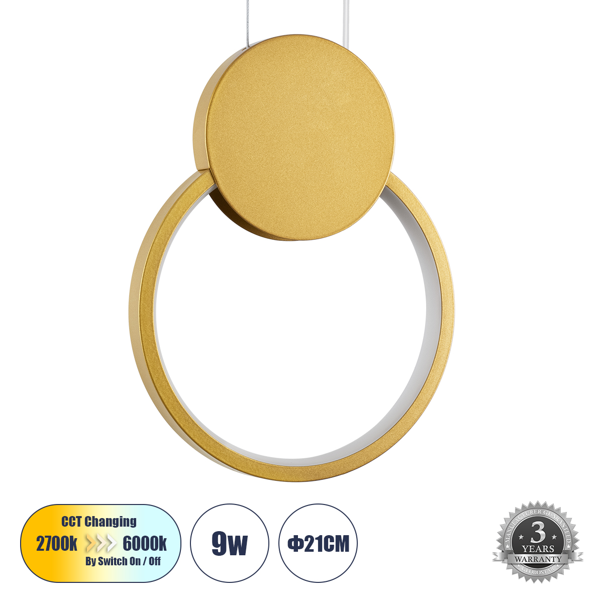 Μοντέρνο Κρεμαστό Φωτιστικό Οροφής LED 9W 1080lm 300° AC 220-240V IP20 Ρυθμιζόμενο Λευκό CCT με On/Off 2700K/4500K/6000K - Lumileds SMD Chip - Χρυσό Βούρτσας - Μ21 x Π2.3 x Υ26.5cm - 3 Χρόνια Εγγύηση