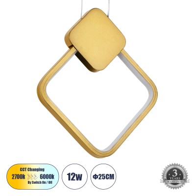 Μοντέρνο Κρεμαστό Φωτιστικό Οροφής LED 12W 1440lm 300° AC 220-240V IP20 Ρυθμιζόμενο Λευκό CCT με On/Off 2700K/4500K/6000K - Lumileds SMD Chip - Χρυσό Βούρτσας - Μ20 x Π2.3 x Υ28.5cm - 3 Χρόνια Εγγύηση