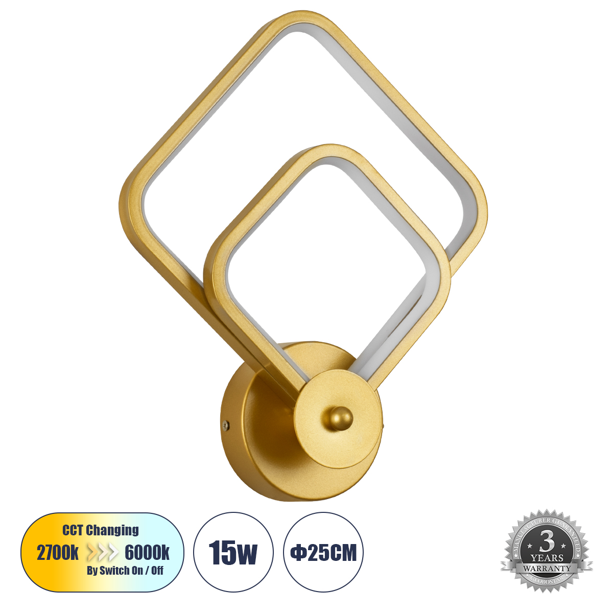 Μοντέρνο Φωτιστικό Τοίχου - Απλίκα LED 15W 1800lm 300° AC 220-240V IP20 Ρυθμιζόμενο Λευκό CCT με On/Off 2700K/4500K/6000K - Lumileds SMD Chip - Χρυσό Βούρτσας - Μ25 x Π8 x Υ30cm - 3 Χρόνια Εγγύηση