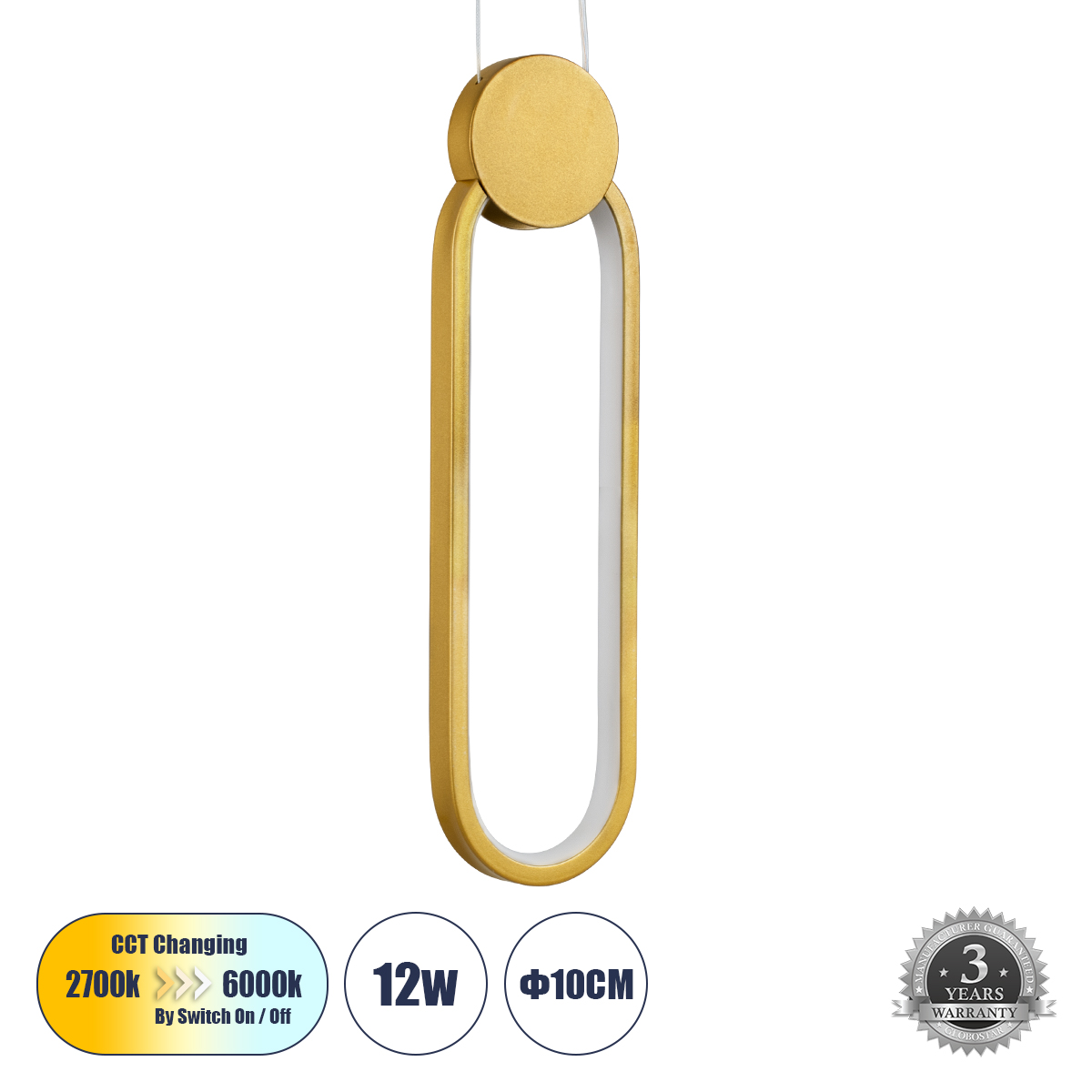 Μοντέρνο Κρεμαστό Φωτιστικό Οροφής LED 12W 1440lm 300° AC 220-240V IP20 Ρυθμιζόμενο Λευκό CCT με On/Off 2700K/4500K/6000K - Lumileds SMD Chip - Χρυσό Βούρτσας - Μ10 x Π2.3 x Υ38cm - 3 Χρόνια Εγγύηση