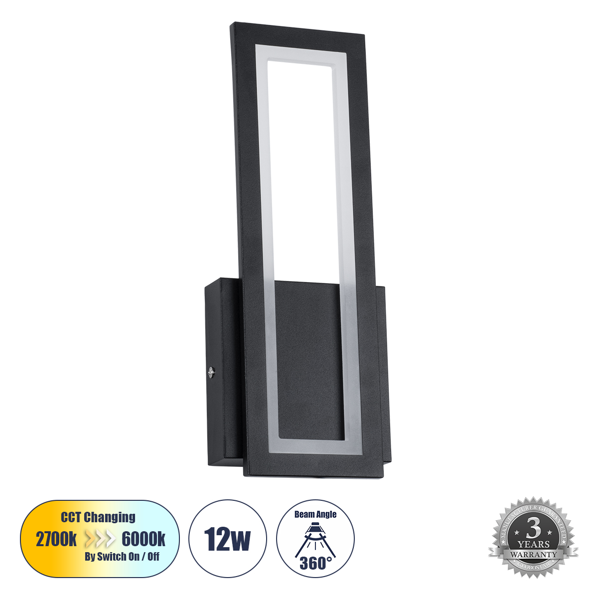 Μοντέρνο Φωτιστικό Τοίχου - Απλίκα LED 12W 1440lm 300° AC 220-240V IP20 Ρυθμιζόμενο Λευκό CCT με On/Off 2700K/4500K/6000K - Lumileds SMD Chip - Μαύρο Ματ - Μ12.5 x Π4 x Υ32cm - 3 Χρόνια Εγγύηση