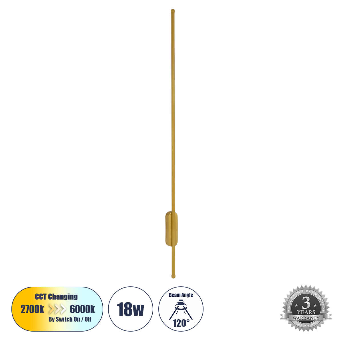 Μοντέρνο Φωτιστικό Τοίχου - Απλίκα LED 18W 2160lm 120° AC 220-240V IP20 Ρυθμιζόμενο Λευκό CCT με On/Off 2700K/4500K/6000K - Lumileds SMD Chip - Χρυσό Βούρτσας - Μ5 x Π4 x Υ120cm - 3 Χρόνια Εγγύηση