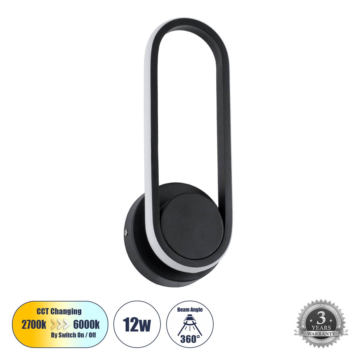 Μοντέρνο Φωτιστικό Τοίχου - Απλίκα LED 12W 1440lm 360° AC 220-240V IP20 Ρυθμιζόμενο Λευκό CCT με On/Off 2700K/4500K/6000K - Lumileds SMD Chip - Μαύρο Ματ - Μ12 x Π6.5 x Υ32cm - 3 Χρόνια Εγγύηση