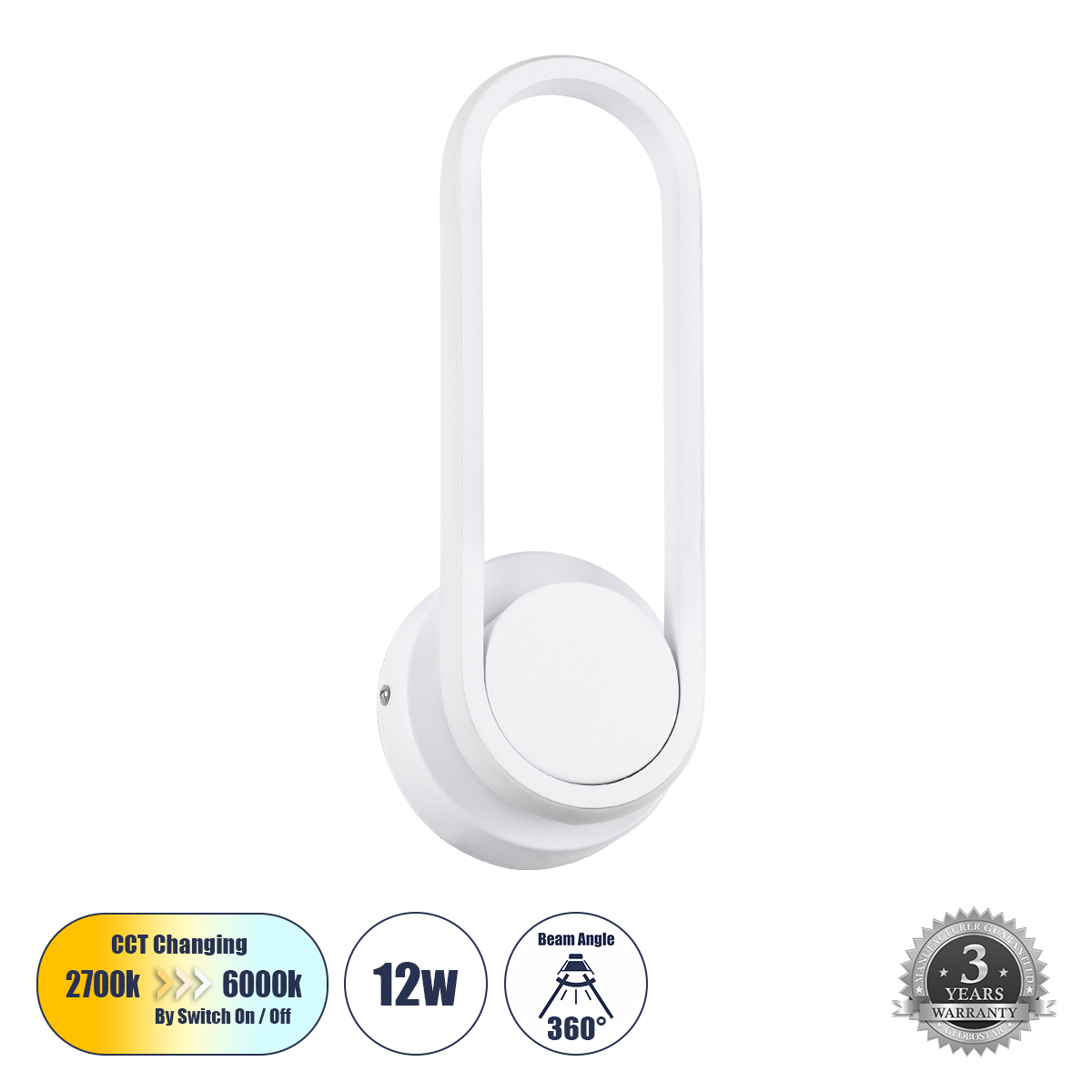 Μοντέρνο Φωτιστικό Τοίχου - Απλίκα LED 12W 1440lm 360° AC 220-240V IP20 Ρυθμιζόμενο Λευκό CCT με On/Off 2700K/4500K/6000K - Lumileds SMD Chip - Λευκό Ματ - Μ12 x Π6.5 x Υ32cm - 3 Χρόνια Εγγύηση