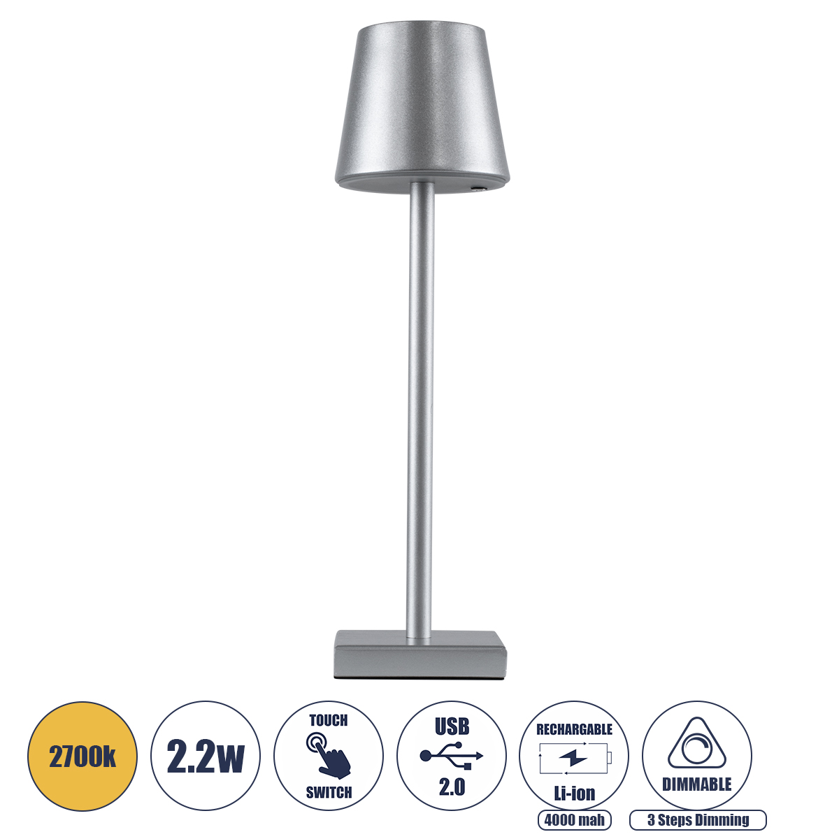 Μοντέρνο Επιτραπέζιο Φωτιστικό LED 2.2W 154lm 360° DC 5V με USB με Επαναφορτιζόμενη Μπαταρία Li-ion 3.7V 4000mAh IP20 Θερμό Λευκό 2700K με Αφή Dimmable - Lumileds SMD Chip - Ασημί - Μ10 x Π10 x Υ39cm - 2 Χρόνια Εγγύηση