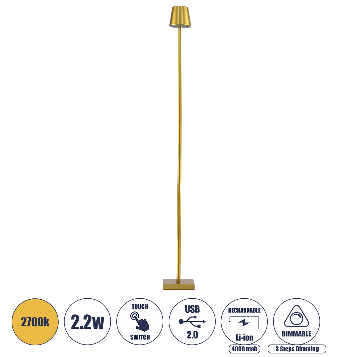 Μοντέρνο Επιδαπέδιο Φωτιστικό LED 2.2W 154lm 360° DC 5V με USB 2.0 με Επαναφορτιζόμενη Μπαταρία Li-ion 3.7V 4000mAh IP44 Θερμό Λευκό 2700K με Αφή Dimmable - Lumileds SMD Chip - Χρυσό Πλατίνα - Μ10 x Π10 x Υ135cm - 2 Χρόνια Εγγύηση