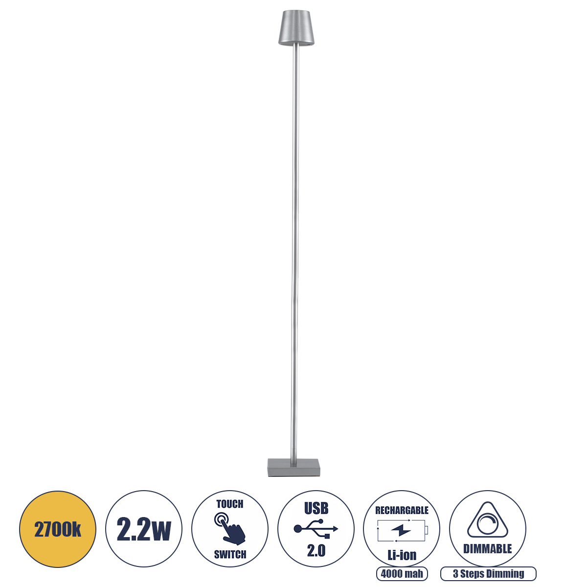 Μοντέρνο Επιδαπέδιο Φωτιστικό LED 2.2W 154lm 360° DC 5V με USB 2.0 με Επαναφορτιζόμενη Μπαταρία Li-ion 3.7V 4000mAh IP44 Θερμό Λευκό 2700K με Αφή Dimmable - Lumileds SMD Chip - Ασημί - Μ10 x Π10 x Υ135cm - 2 Χρόνια Εγγύηση